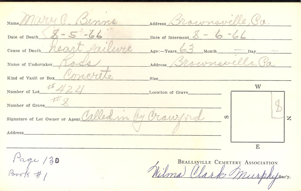 Mary Crowthers Binns burial card